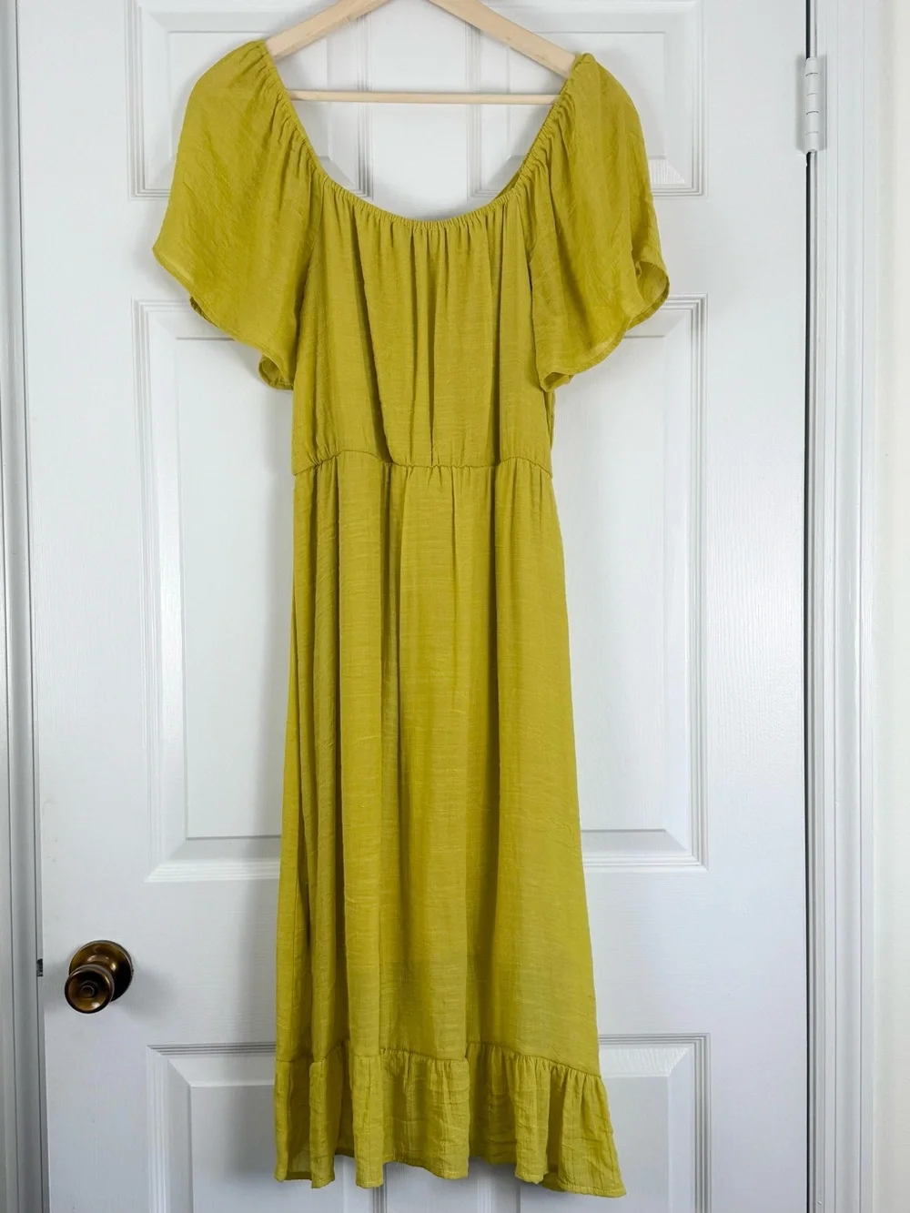 Luxology Chartreuse Criss-Cross Blouson Bodice Ruffled Skirt Summer Dress Medium - Picture 5 of 7